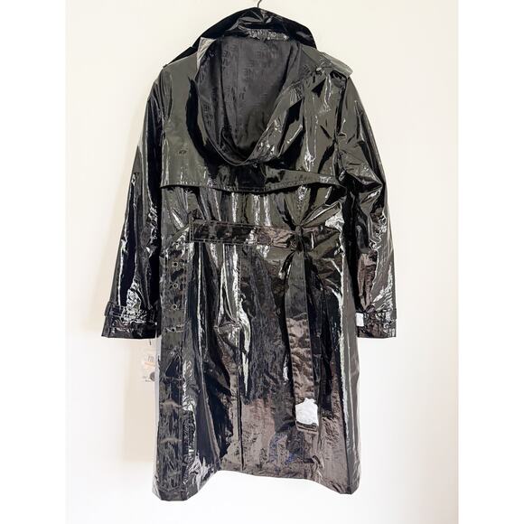 NWT Jane Post Military Trench Black Double Breasted Raincoat High Shine Black M - Picture 3 of 11